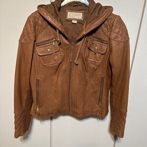 Michael Michael Kors Women’s Hooded Leather Jacket – Brown – Size XL